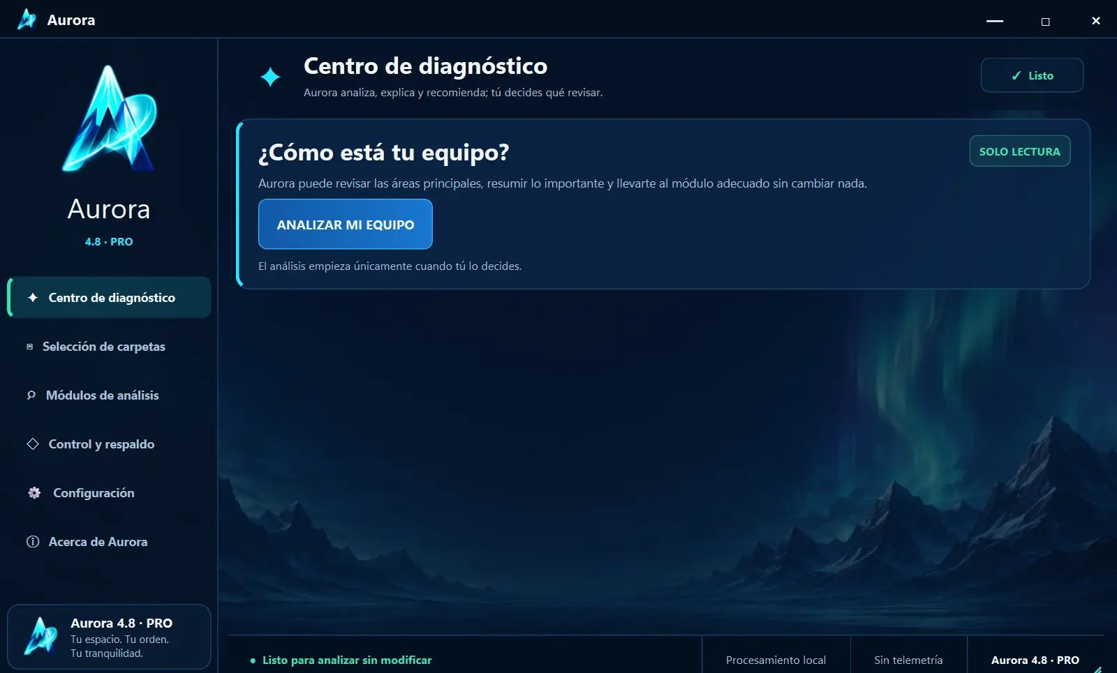 Estado inicial del Centro de diagnóstico de Aurora 4.8 antes de iniciar el análisis