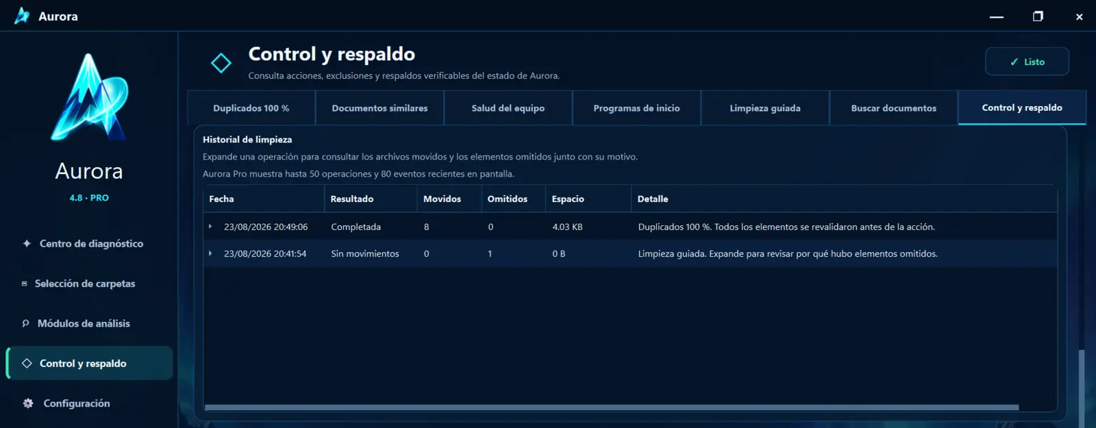 Control y respaldo de Aurora 4.8 mostrando historial de operaciones verificables