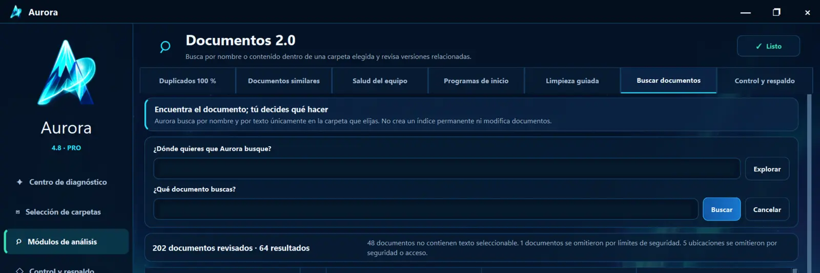Documentos 2.0 de Aurora 4.8 mostrando búsqueda por nombre o contenido
