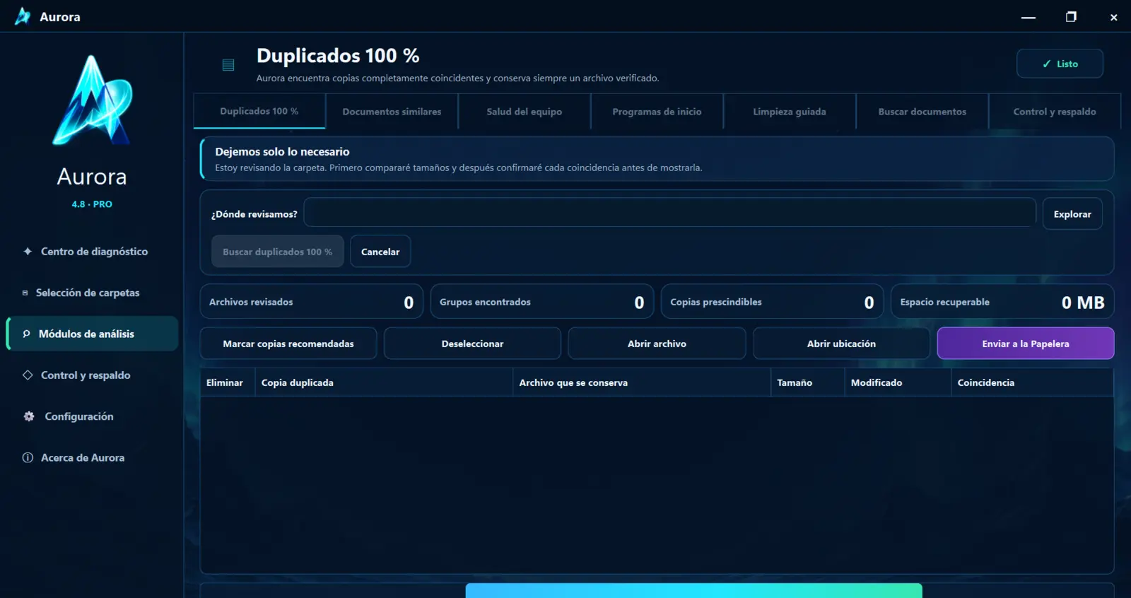 Módulo de duplicados exactos de Aurora 4.8 antes de confirmar una limpieza