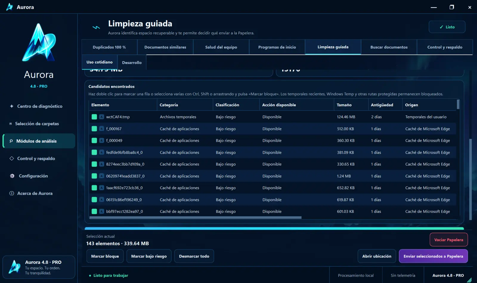 Limpieza guiada de Aurora 4.8 mostrando candidatos clasificados y controles de selección