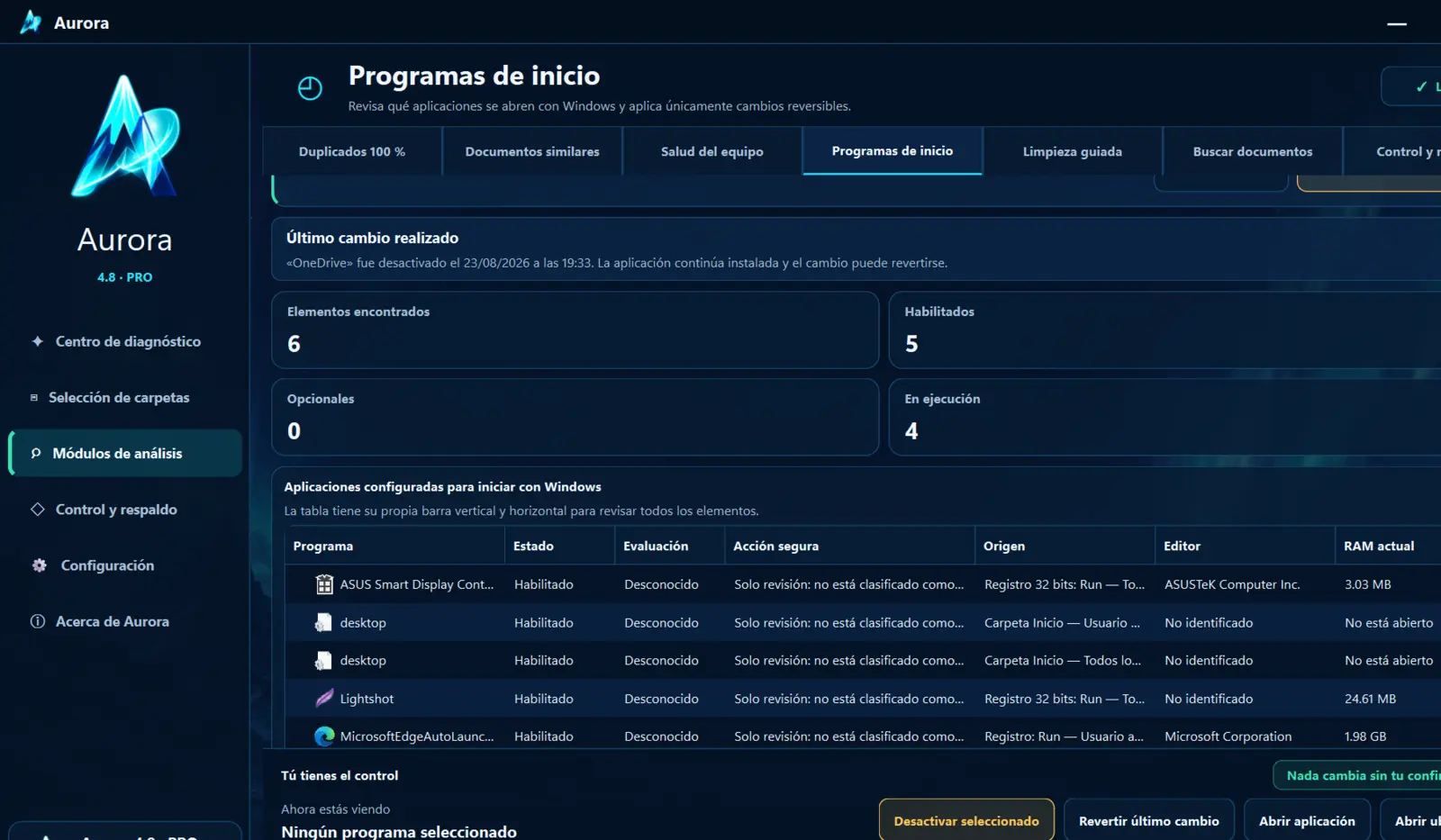 Programas de inicio de Aurora 4.8 mostrando aplicaciones que arrancan con Windows