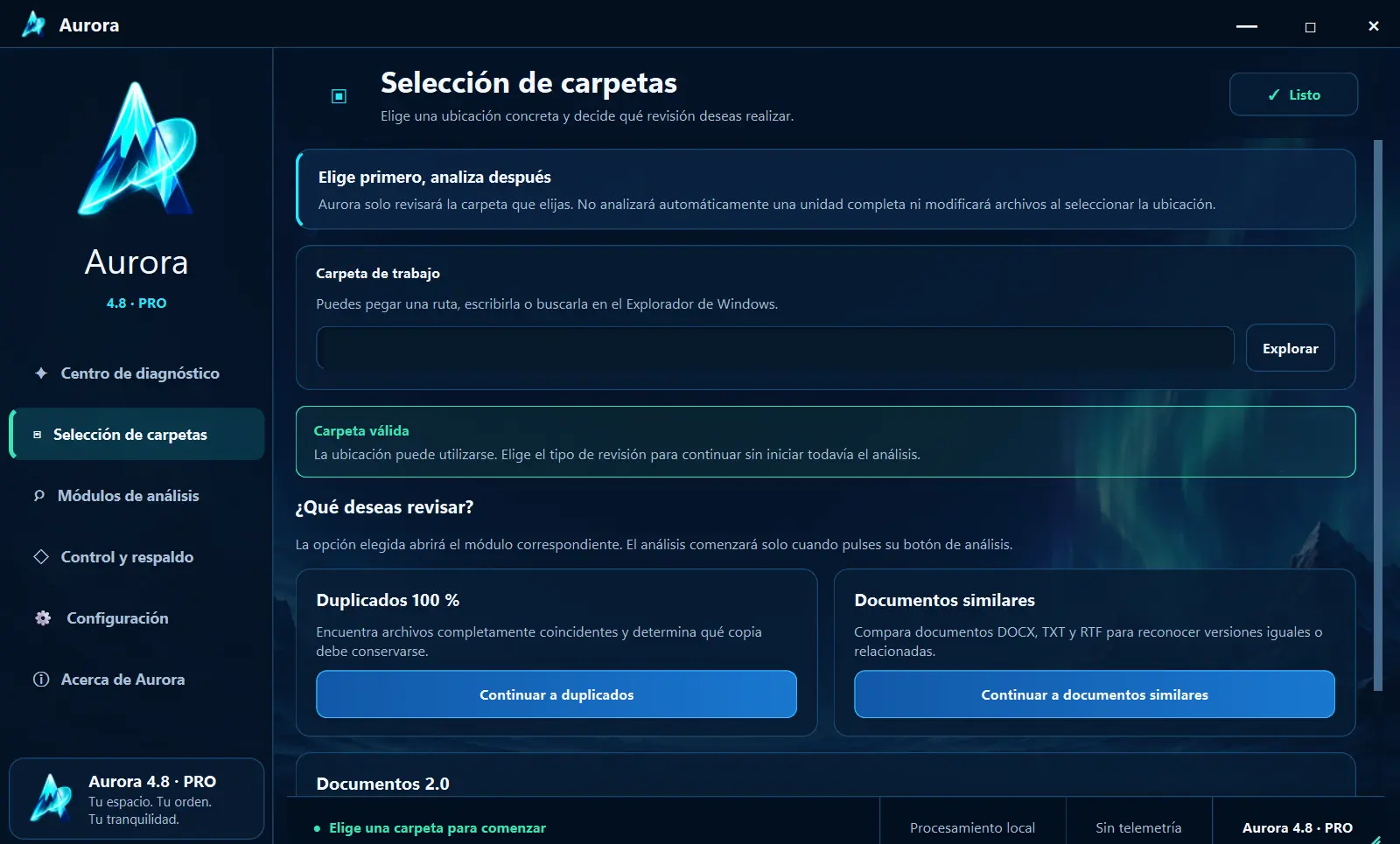 Selección de carpetas en Aurora 4.8 con opciones de revisión elegidas por el usuario