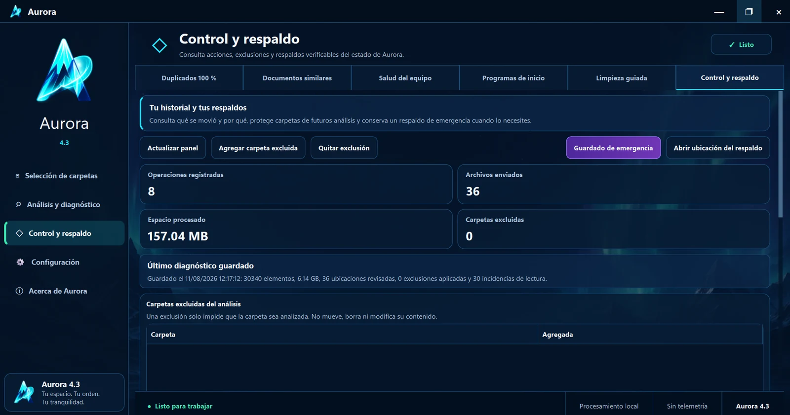 Pantalla Control y respaldo en Aurora