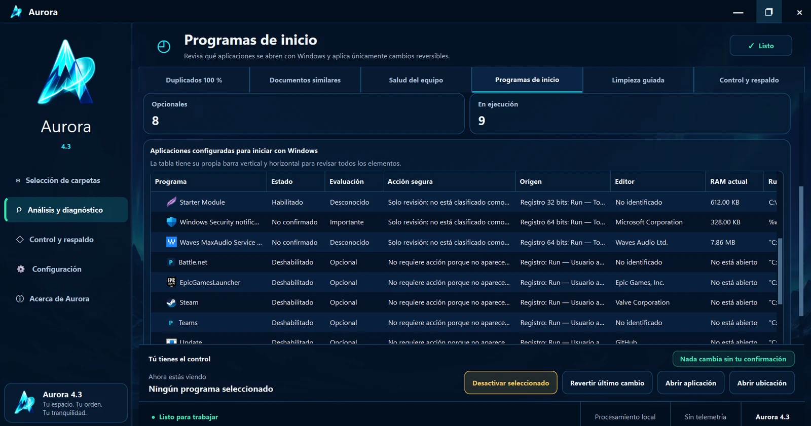 Pantalla Programas de inicio en Aurora